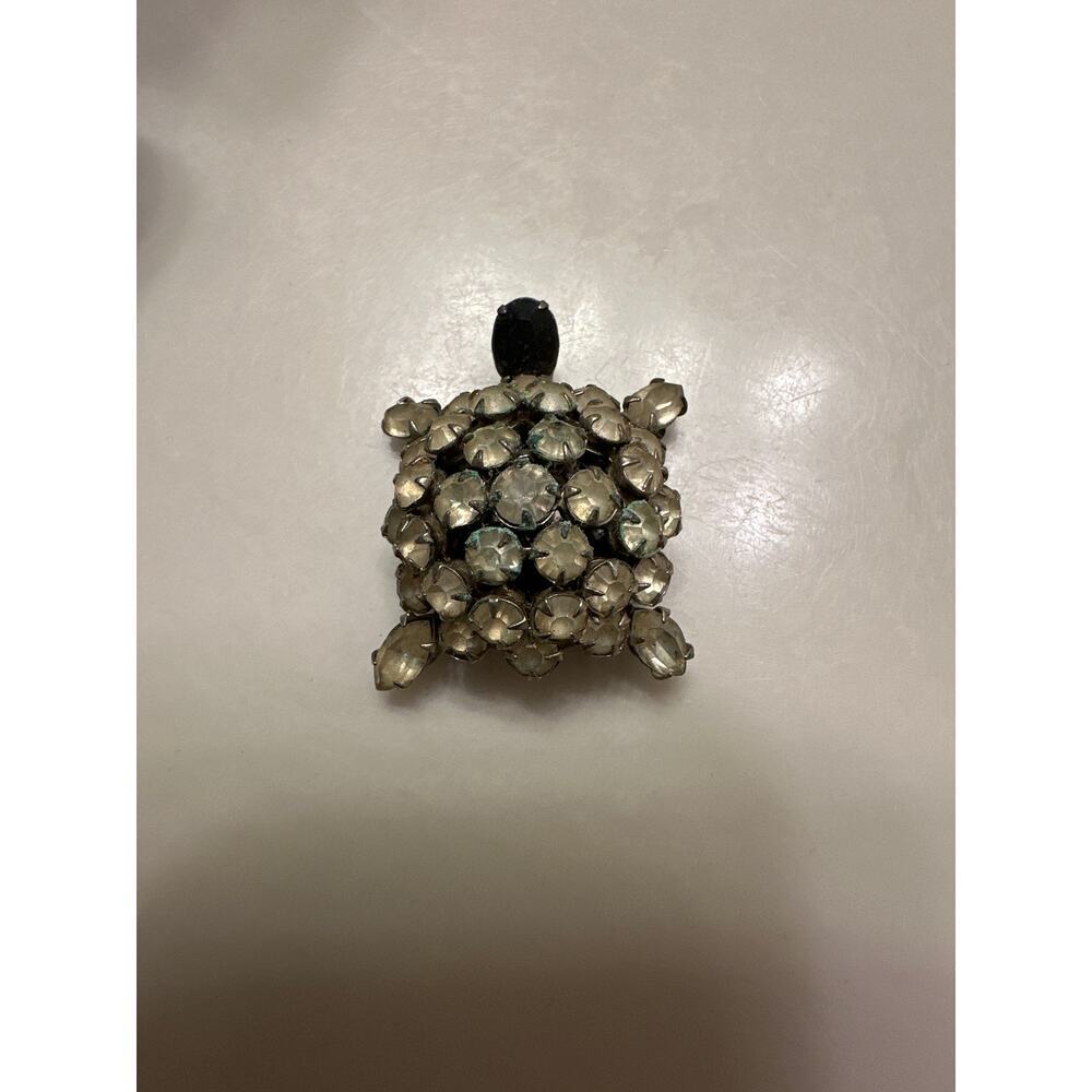 Vintage Turtle Brooch Pin Pendant Black And Clear Stones 9$
